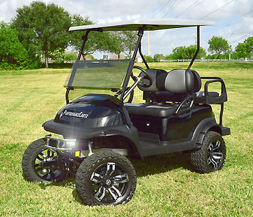 Black Golf Cart with 6 inch Travel Suspension and Velocity Alloy Wheels at Key Largo Golf Carts