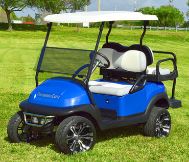 Metallic Blue Club Car Precedent Golf Cart with Grey and White Vinyl Seats at Key Largo Golf Carts